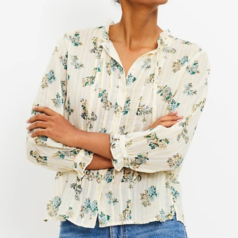 NWT LOFT Bouquet Pintucked Tie Neck Blouse